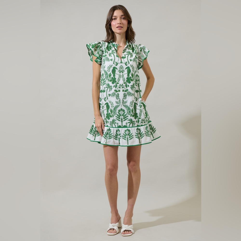 Sugarlips Davina White and Green Floral Printed Shift Mini Dress size Small - Picture 4 of 11